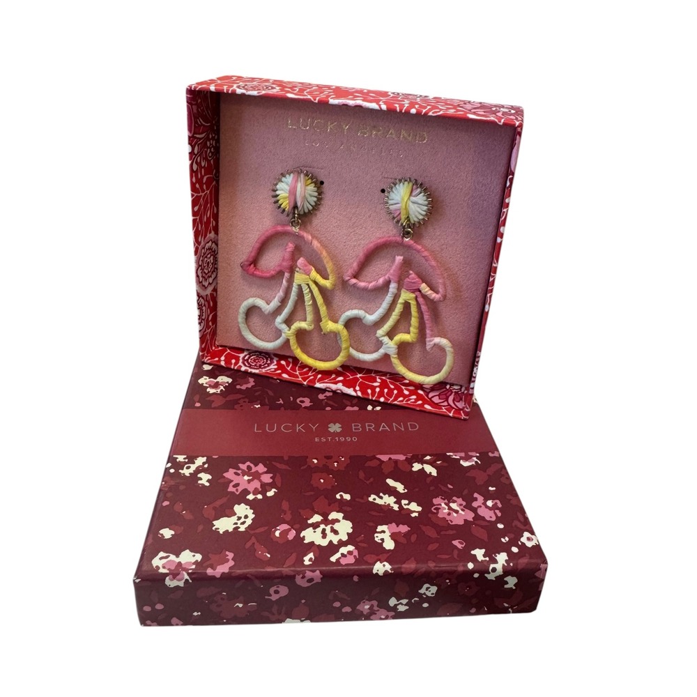 🌴 Lucky Brand Raffia Cherry Drop Earrings Pink Yellow Ombre Woven Fruit Jewelry